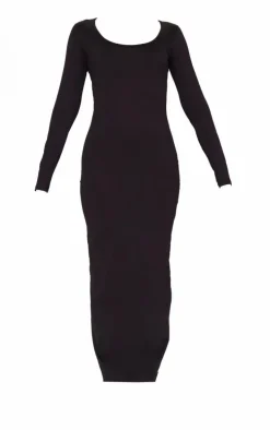 Black Cotton Scoop Neck Long Sleeve Midaxi Dress