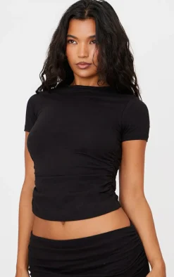 Black Cotton Side Cap Sleeve Ruched Top