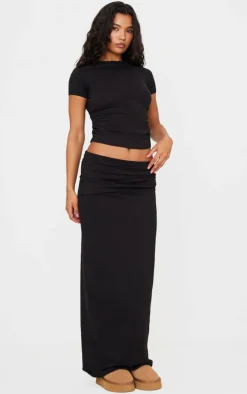 Black Cotton Side Cap Sleeve Ruched Top