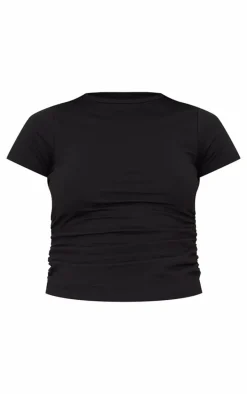 Black Cotton Side Cap Sleeve Ruched Top