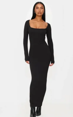 Black Cotton Square Neck Long Sleeve Maxi Dress