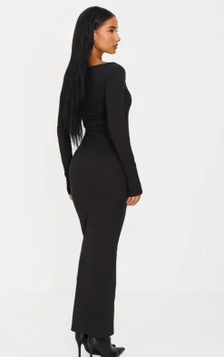 Black Cotton Square Neck Long Sleeve Maxi Dress