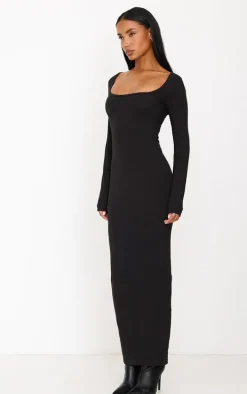 Black Cotton Square Neck Long Sleeve Maxi Dress