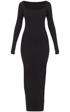 Black Cotton Square Neck Long Sleeve Maxi Dress