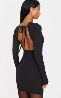 Black Cotton Tie Scoop Back Mini Dress