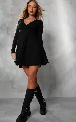 Black Cotton Wrap Long Sleeve Skater Dress
