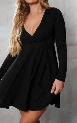 Black Cotton Wrap Long Sleeve Skater Dress