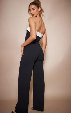 Black Crepe Contrast Fold Over Detail Wide Leg Jumpsuit