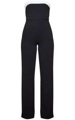 Black Crepe Contrast Fold Over Detail Wide Leg Jumpsuit