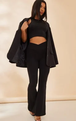 Black Crepe Dip Cross Over Hem Flare Pants