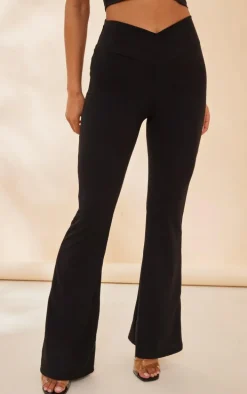 Black Crepe Dip Cross Over Hem Flare Pants