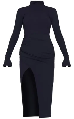 Black Crepe High Neck Split Sleeve Midi Dress