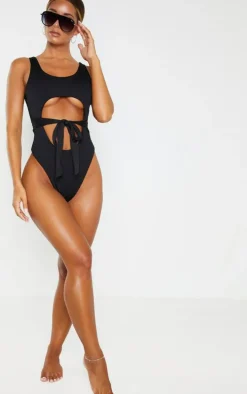 Black Crinkle Cut Out Belted Swimsuit