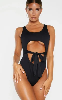 Black Crinkle Cut Out Belted Swimsuit