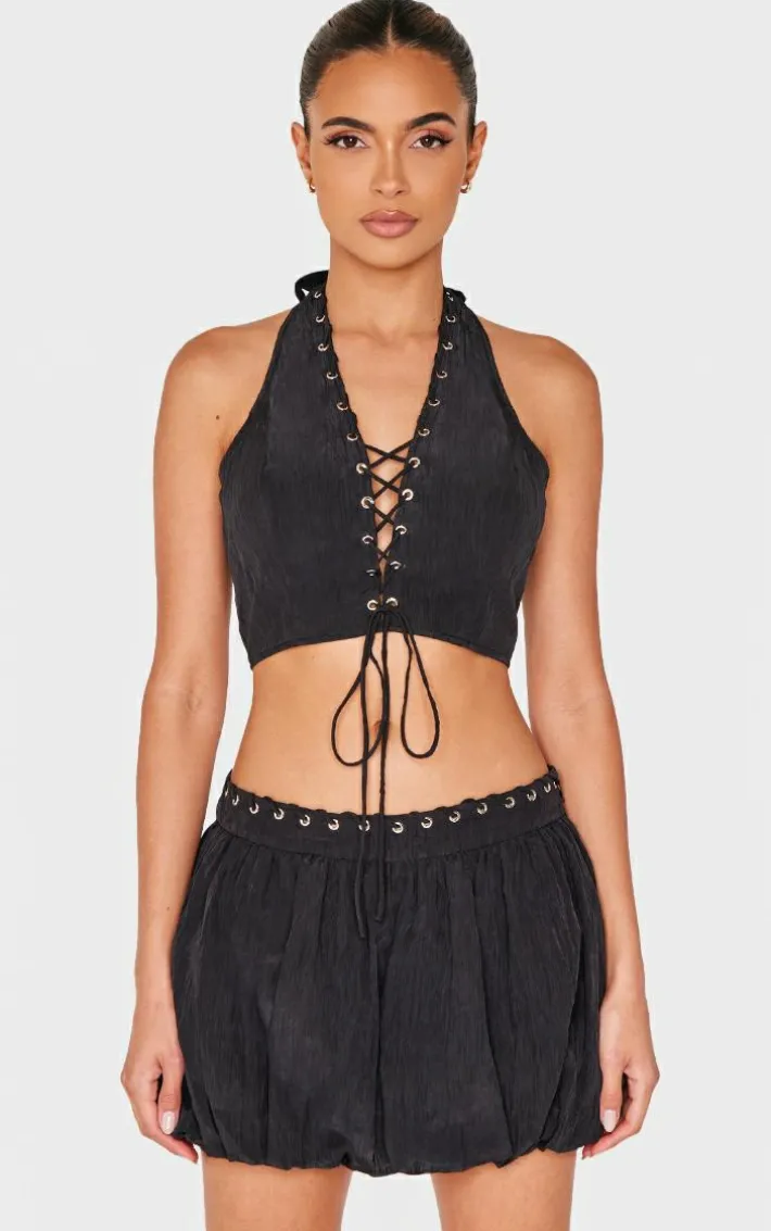 Black Crinkle Eyelet Detail Halterneck Top