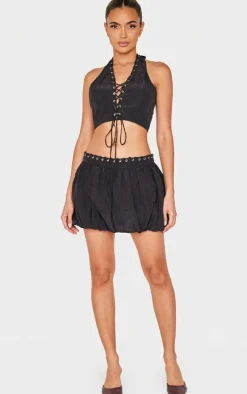Black Crinkle Eyelet Detail Halterneck Top