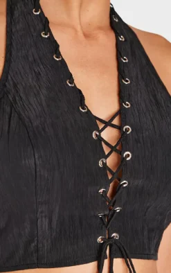 Black Crinkle Eyelet Detail Halterneck Top