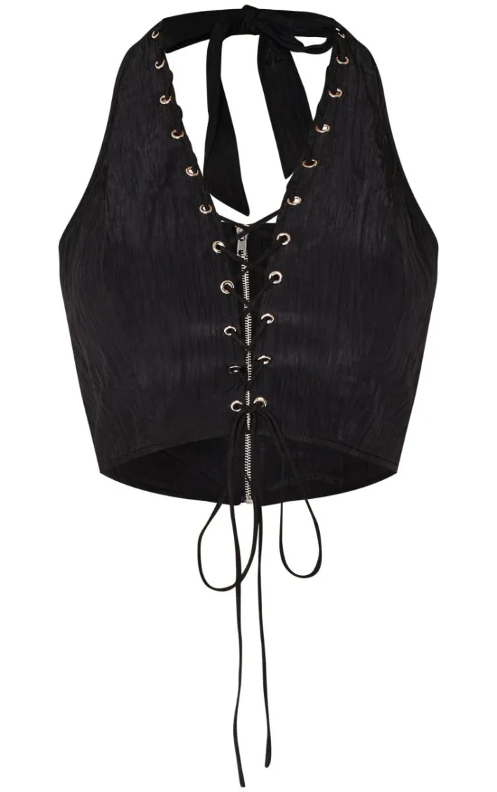 Black Crinkle Eyelet Detail Halterneck Top