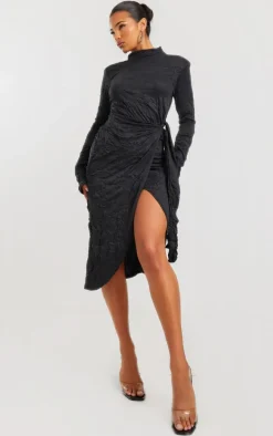 Black Crinkle High Neck Wrap Midi Dress
