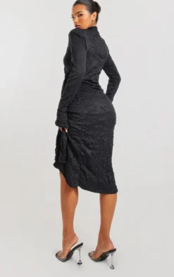 Black Crinkle High Neck Wrap Midi Dress