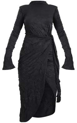 Black Crinkle High Neck Wrap Midi Dress