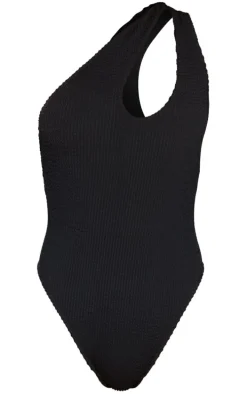 Black Crinkle One Shoulder Cut Out Swimsuit