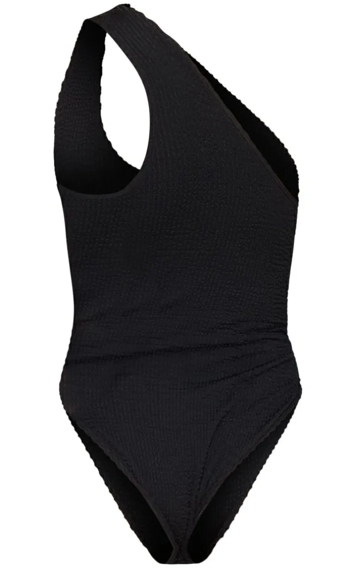 Black Crinkle One Shoulder Cut Out Swimsuit