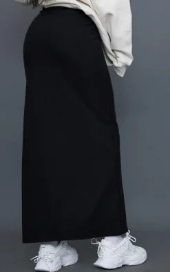Black Crinkle Rib Curved Waist Maxi Skirt