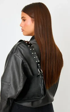 Black Crinkle Stud Handle Shoulder Bag