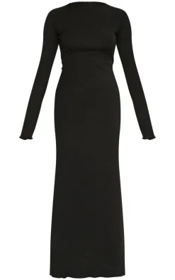 Black Crinkle Textured Lettuce Hem Long Sleeve Maxi Dress