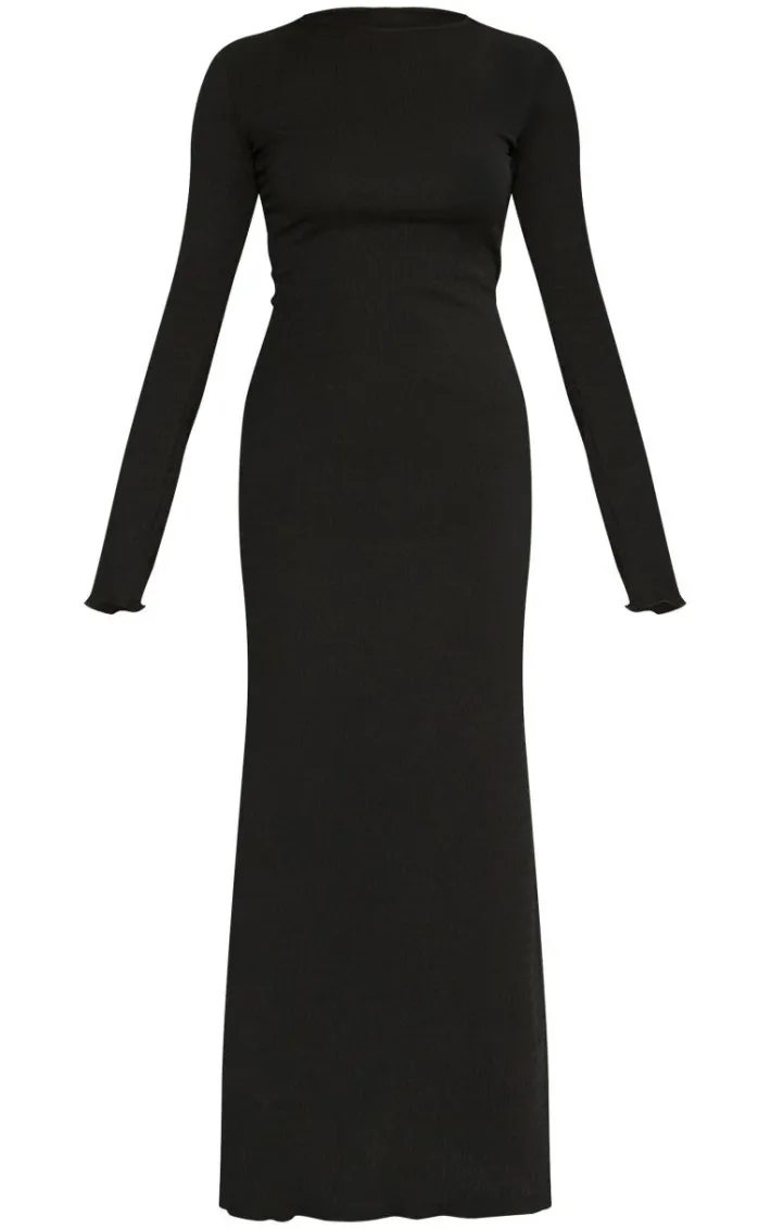 Black Crinkle Textured Lettuce Hem Long Sleeve Maxi Dress