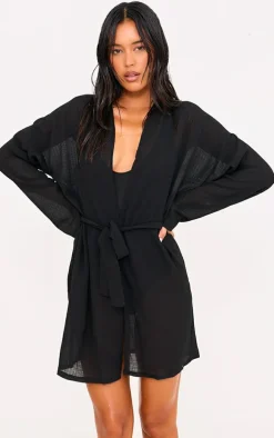 Black Crinkle Textured Short Beach Kimono