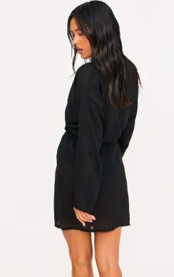 Black Crinkle Textured Short Beach Kimono