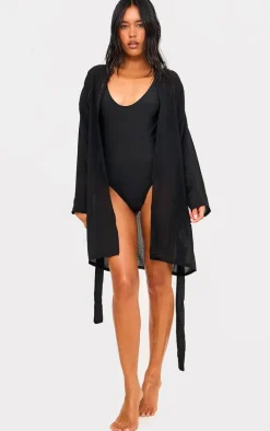 Black Crinkle Textured Short Beach Kimono