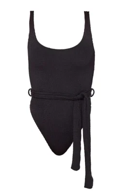 Black Crinkle Tie Waist Detail Swimsuit