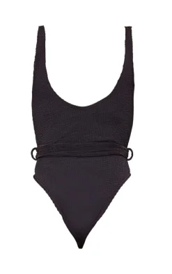 Black Crinkle Tie Waist Detail Swimsuit