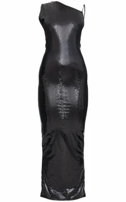Black Croc Effect One Shoulder Maxi Dress