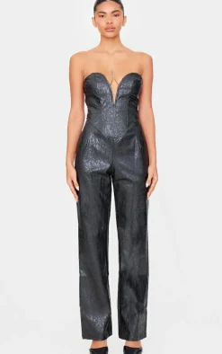 Black Croc Faux Leather Bandeau Plunge Straight Leg Jumpsuit