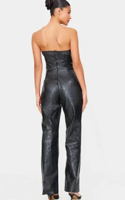 Black Croc Faux Leather Bandeau Plunge Straight Leg Jumpsuit