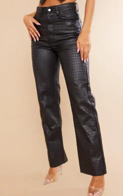 Black Croc Print Coated Denim Straight Leg Jeans