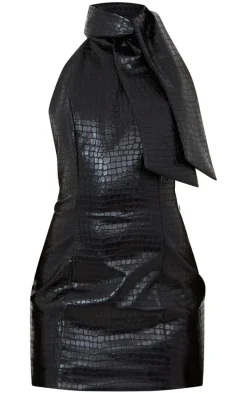 Black Croc PU Bow Detail Bodycon Dress