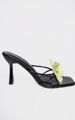 Black Croc PU Lime Flower Square Toe Heeled Mules