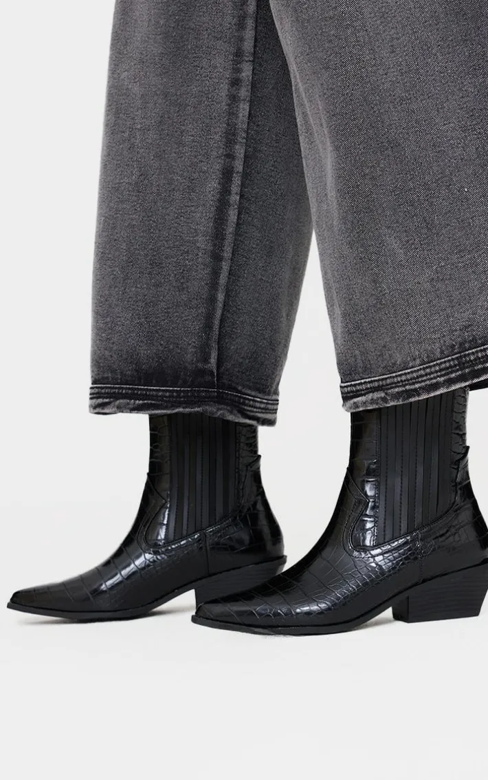 Black Croc PU Point Toe Low Block Heel Western Ankle Boots