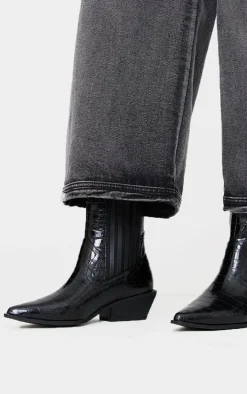 Black Croc PU Point Toe Low Block Heel Western Ankle Boots