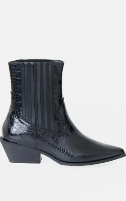 Black Croc PU Point Toe Low Block Heel Western Ankle Boots