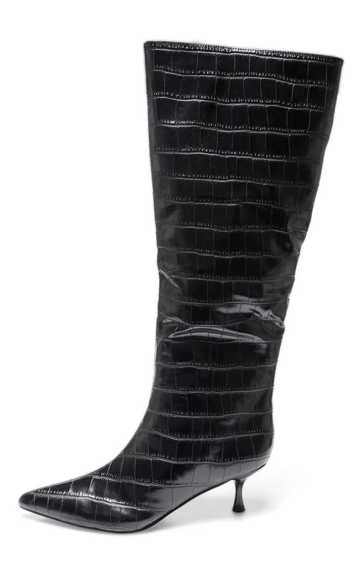 Black Croc PU Point Toe Low Heel Knee High Boots