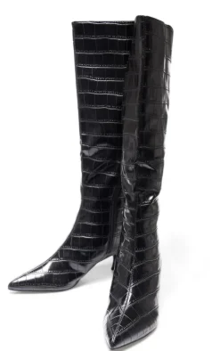 Black Croc PU Point Toe Low Heel Knee High Boots
