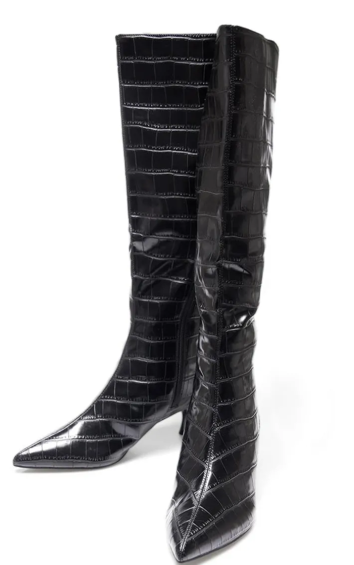 Black Croc PU Point Toe Low Heel Knee High Boots