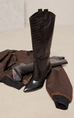 Black Croc PU Point Toe Western Knee High Stiletto Heeled Boots