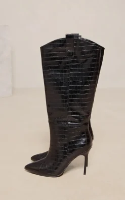 Black Croc PU Point Toe Western Knee High Stiletto Heeled Boots